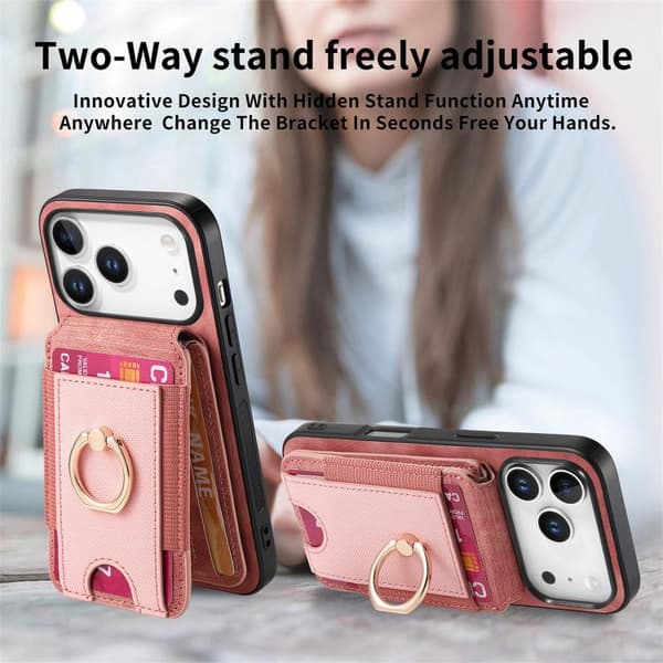 iPhone 18 Pro Max / iPhone 17 Pro Max Skal läderfodral med retro delbart magnetiskt stativ och kortfack Rosa