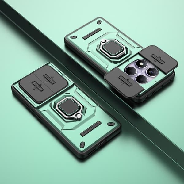 Redmi Note 14 Pro 4G Global - Shockproof TPU + PC Sliding Camshield fodral med Ställ Grön
