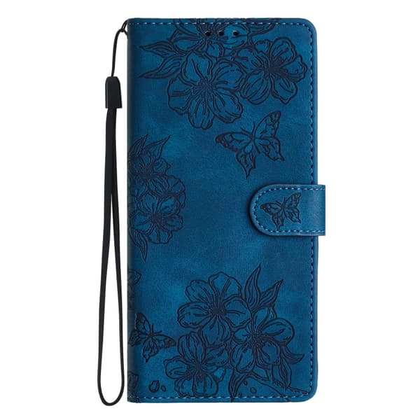 iPhone 16 Pro Skal med Cherry Blossom och Embossed Butterfly Design Blå