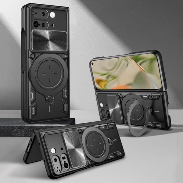 för Pixel 9 Pro Fold Skal med CD-textur och glidande Camshield magnetisk hållare Blå