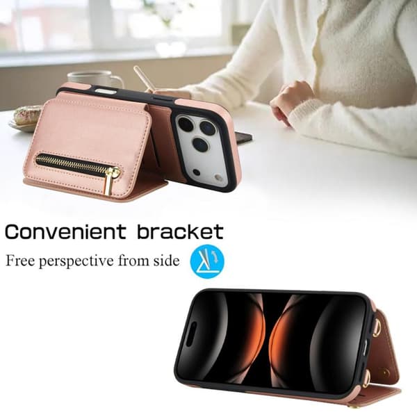 iPhone 18 Pro Max / iPhone 17 Pro Max Skal med Zipper och Dubbel Lanyard Roséguld
