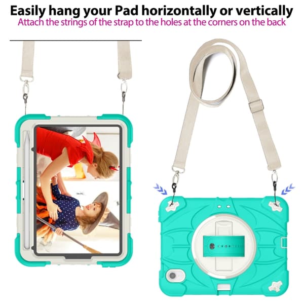 iPad mini 6 / mini 2024 Bat Hand Grip Turntable Skal - Läderfodral Mintgrön Vit