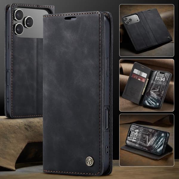 iPhone 18 Pro Max / iPhone 17 Pro Max Skal Läderfodral Multifunktionell Horisontell Flip Svart