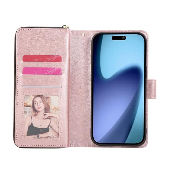 iPhone 18 Pro Max / iPhone 17 Pro Max Skal läderfodral med 9 kortfack och dragkedja Roséguld