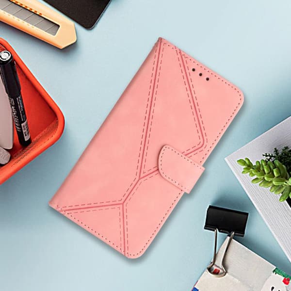 iPhone 17 Pro Max Skal läderfodral med broderad präglad design Rosa