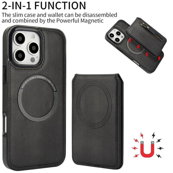 iPhone 16 Pro Zipper Wallet Split MagSafe Läder Fodral Skal Svart