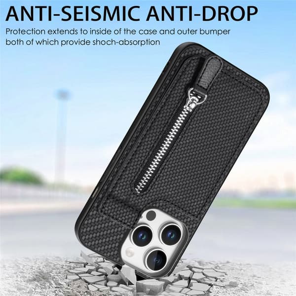 iPhone 16 Pro Kolfiber Vertikal Flip Zipper Skal Svart