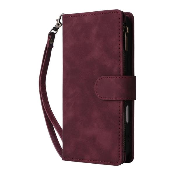 iPhone 16 Pro Multifunktionell Multi-Kort Wallet Skal Läder Fodral Vinrött