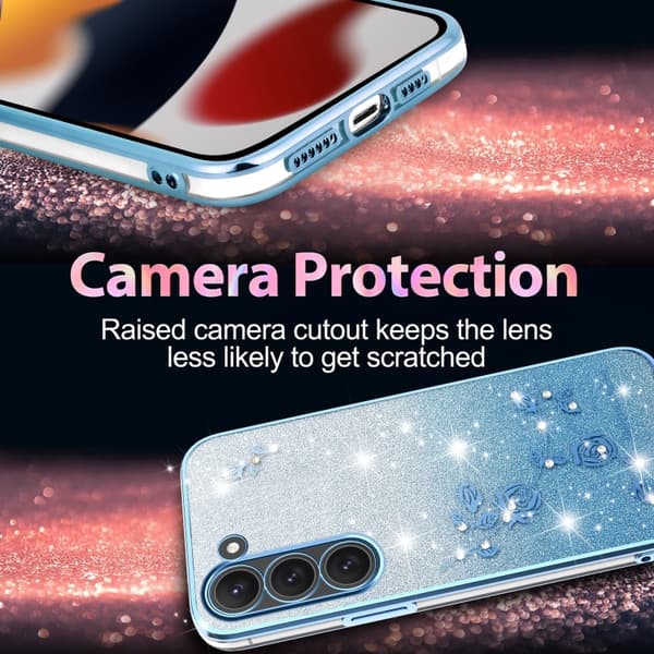 Samsung Galaxy S23 5G Skal med Gradient Glittrande Blommor, Allt-i-ett Blå