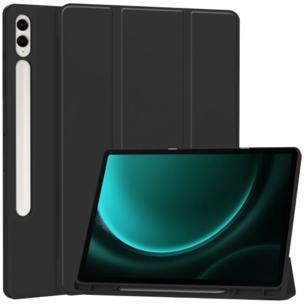 Samsung Galaxy Tab S9 FE+/S10+ Skal i TPU Smart Läder med Penna Fack - 3-Faldig Ren Färg Svart