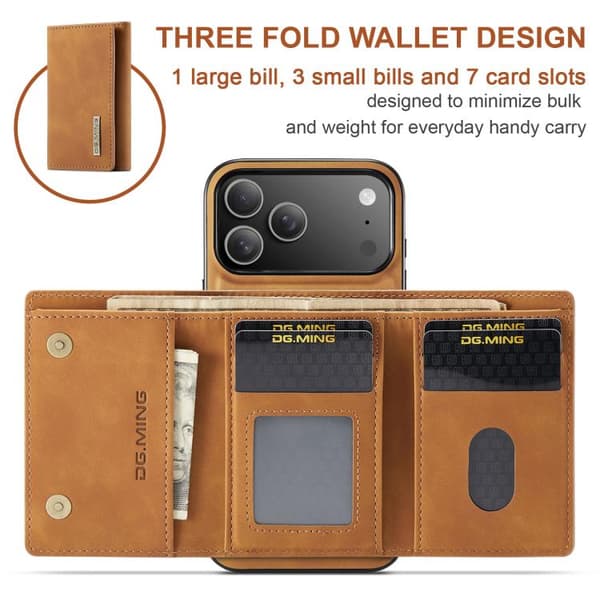 iPhone 18 Pro Max / iPhone 17 Pro Max Skal läderfodral DG.MING M1 Series 3-Fold Multi Card Wallet Brun