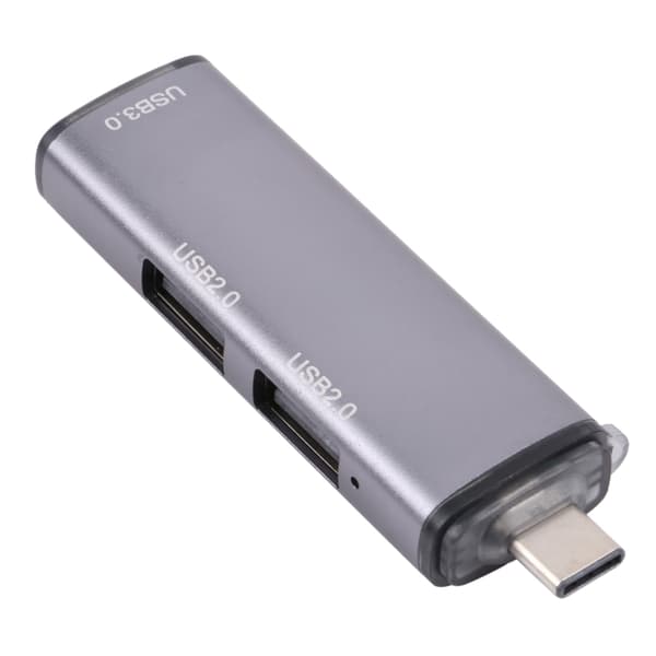 USB Hub Adapter med 3 portar (2 x USB 2.0 + USB 3.0 till USB-C) - Aluminiumlegering, Plug & Play