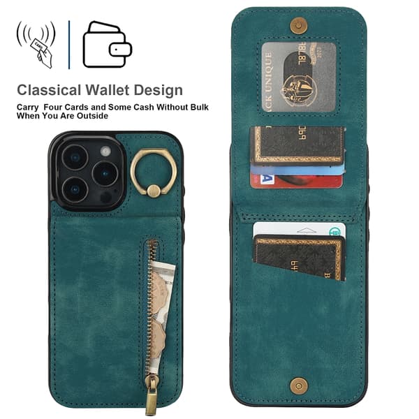 iPhone 16 Pro Max Retro Ring och Zipper RFID Kortfack Skal Blå