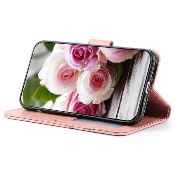 iPhone 18 Pro Max / iPhone 17 Pro Max Skal Läderfodral med Rosafärgad Fjäril Prägling Roséguld
