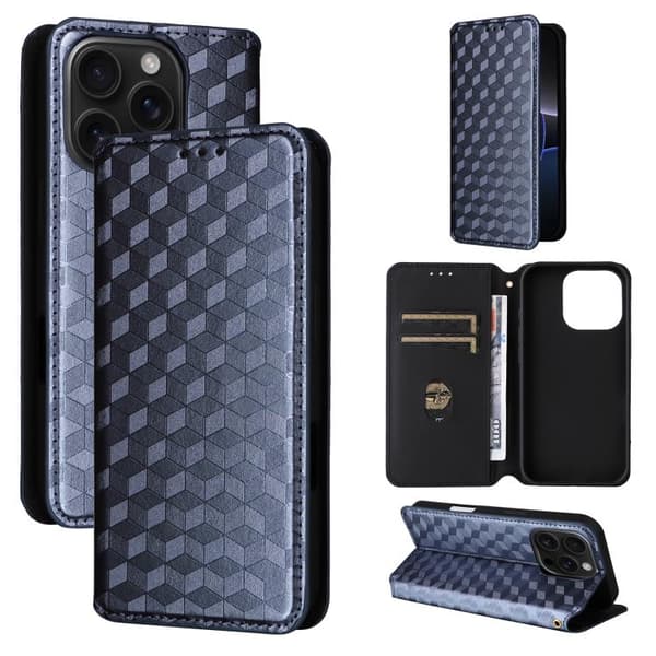 iPhone 16 Pro Cubic Grid Texture Skal Läder Fodral Blå