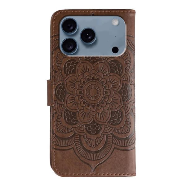 iPhone 18 Pro / iPhone 17 Pro Skal läderfodral med sol mandala präglad design Brun
