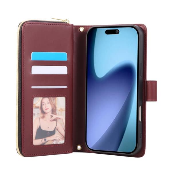 iPhone 17 Pro Max Skal läderfodral med korsband, rombisk dragkedja och spänne Vinrött