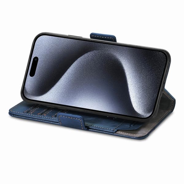 iPhone 16 Pro Skal - Neo Splicing Dubbel Magnetisk Spänne Läder Fodral Blå