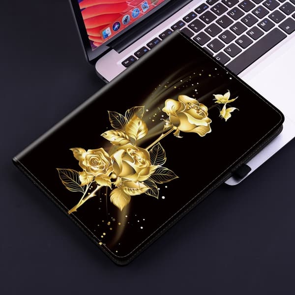 Samsung Galaxy Tab A9 / A11 Läderfodral med Kristalltextur Guldfjäril Ros