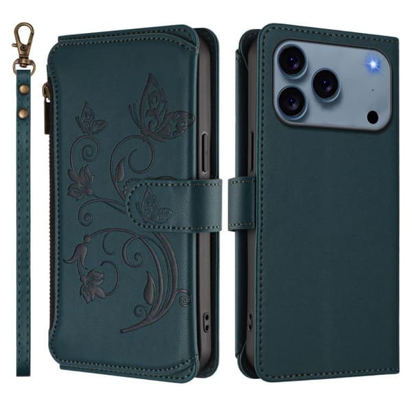 iPhone 18 Pro Max / iPhone 17 Pro Max Skal läderfodral med fjäril och blommor, multi-kort och dragkedja Mörkgrön