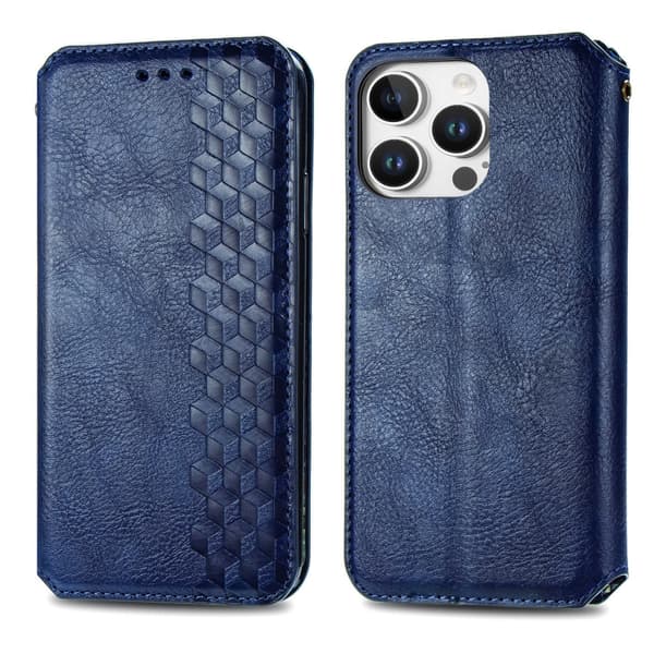 iPhone 16 Pro Max Cubic Grid Pressad Magnetisk Läder Skal - Fodral Blå