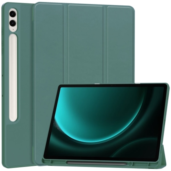 Samsung Galaxy Tab S9 FE+/S10+ Skal i TPU Smart Läder med Penna Fack - 3-Faldig Ren Färg Mörkgrön