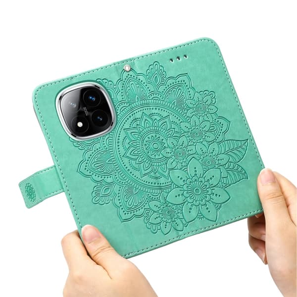Redmi Note 14 Pro 5G / Note 14 Pro+ 5G - Läderfodral med Sju Blommor Prägling Grön