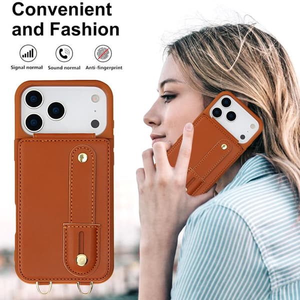 iPhone 18 Pro / iPhone 17 Pro Skal med Handledsrem och Vertikal Flip Wallet Brun
