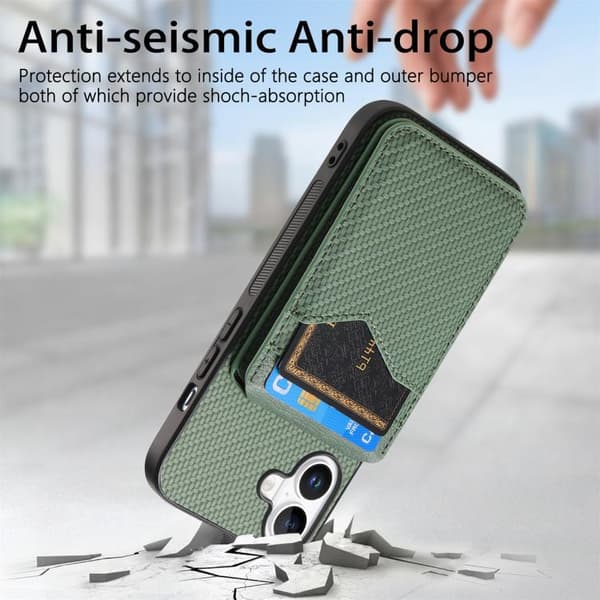 iPhone 17 Skal - Kolfiber med MagSafe - Vertikal Flip Kortficka Grön