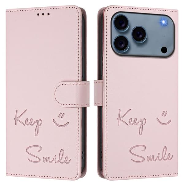 iPhone 18 Pro / iPhone 17 Pro Skal läderfodral med Smile Embossing och RFID Rosa
