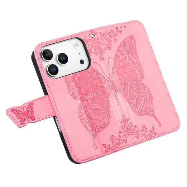 iPhone 18 Pro Max / iPhone 17 Pro Max Skal läderfodral med fjäril och blomma - relief Rosa