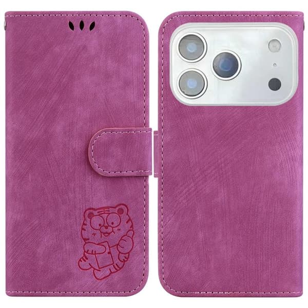 iPhone 18 Pro / iPhone 17 Pro Skal läderfodral med liten tigerprägling Rosröd