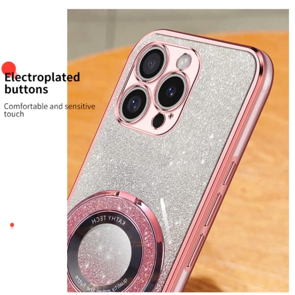 iPhone 16 Pro Skal med Pläterad Gradient Glitter och Rund Hållare Silver