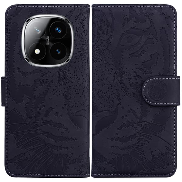 Redmi Note 14 Pro / Note 14 Pro+ 5G - Tiger Prägung Lederhülle Svart