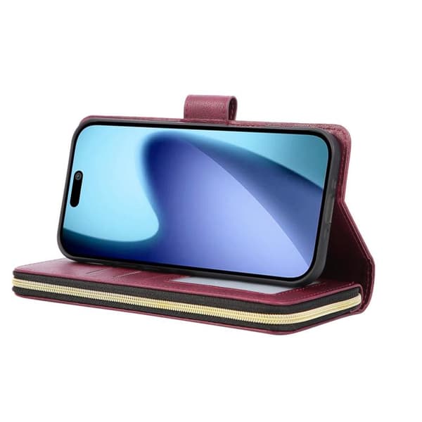 iPhone 18 Pro Max / iPhone 17 Pro Max Skal läderfodral med 9 kortfack och dragkedja Vinrött