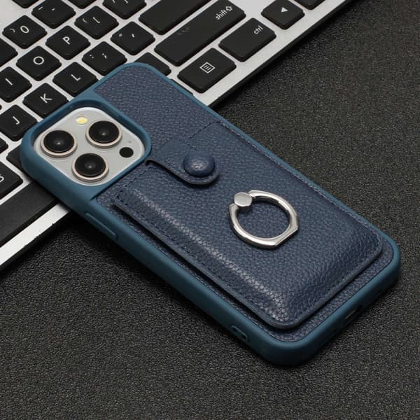 iPhone 16 Pro Litchi Textur Ritkort Väska Ringhållare Skal Blå