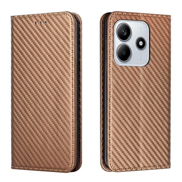 Redmi Note 14 5G - Magnetisk Flip Läderfodral med Kolfibertextur Brun