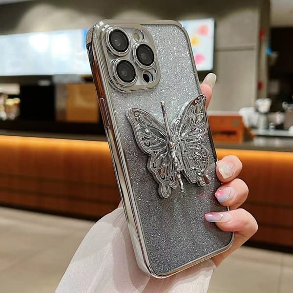 iPhone 16 Pro Skal med Elektropläterad Gradient Glittrande 3D Fjäril TPU Gradient svart