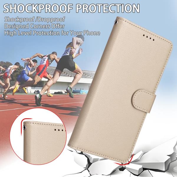 iPhone 18 Pro Max / iPhone 17 Pro Max Skal läderfodral med Litchi-textur och RFID-blockering för 3 kort Beige