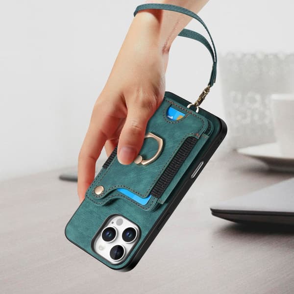 iPhone 16 Pro Retro Skinnkänsla Ring Multi-kort Plånboks Skal Grön