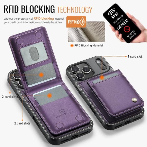 iPhone 18 Pro Max / iPhone 17 Pro Max Skal JEEHOOD Britisk Stil RFID MagSafe Kortväska PU Purpur