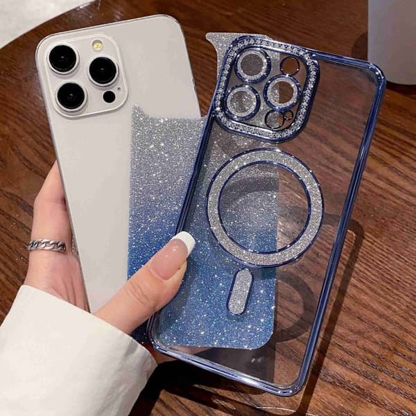 iPhone 16 Pro Diamond Gradient Glitter Pläterad MagSafe Skal Blå