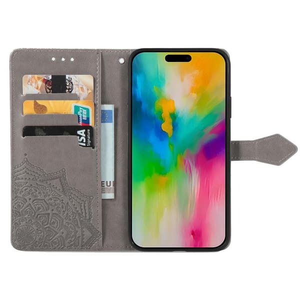 iPhone 17 Skal Läderfodral med Mandala Blomma Prägling Grå