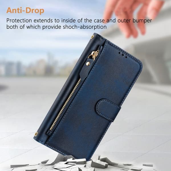 iPhone 16 Pro Max Fodral - Multi-Kortfack Zipper Skal Läder Blå
