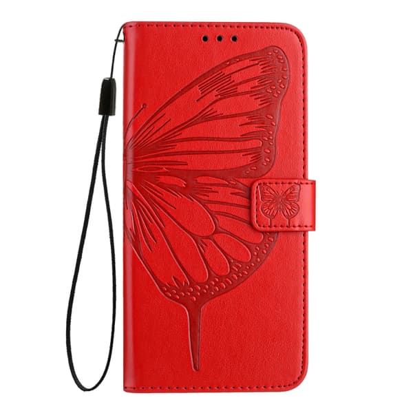 iPhone 16 Pro Max Embossed Butterfly Fodral - Elegant Skal Läder med Utsökt Design Röd