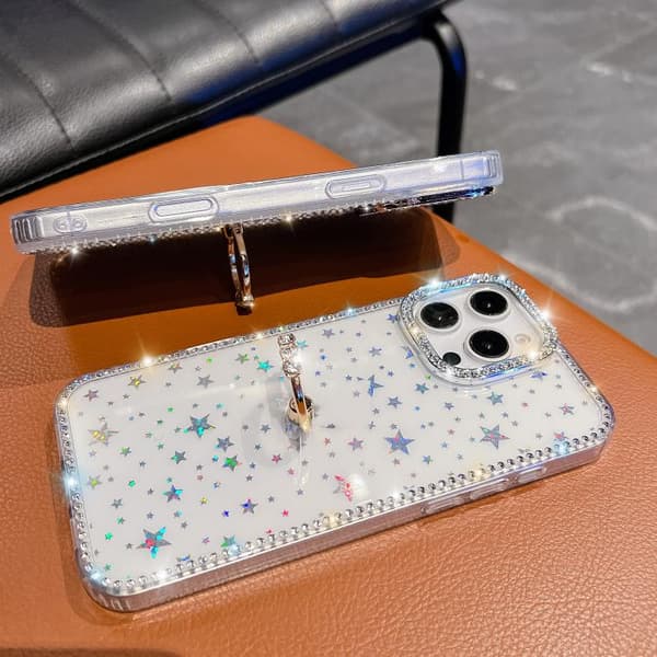 iPhone 17 Pro Max Skal med Rhinestone Glitter och Ringhållare, Anti-fall Vit