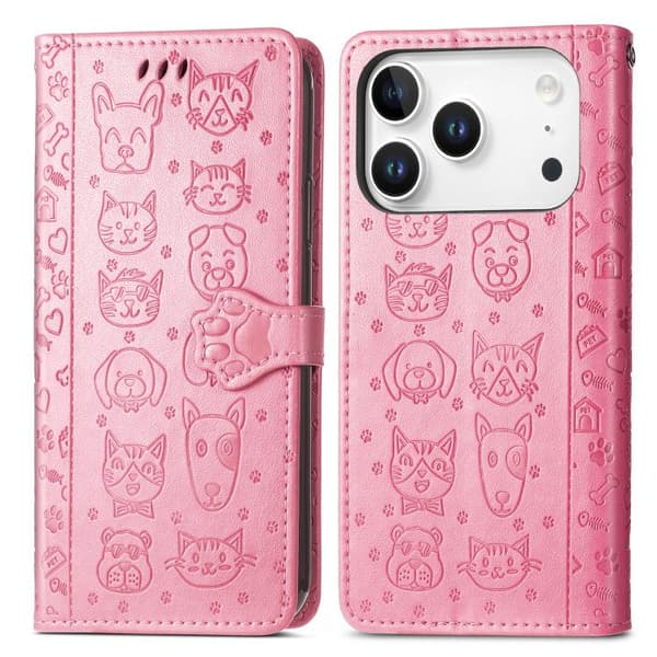 iPhone 18 Pro Max / iPhone 17 Pro Max Skal läderfodral med präglade katter och hundar Rosa