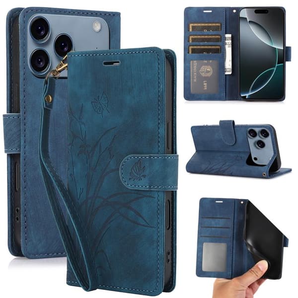 iPhone 18 Pro / iPhone 17 Pro Skal läderfodral med orkidéfjäril präglad design Blå