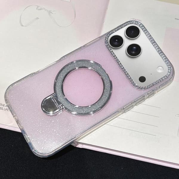 iPhone 18 Pro / iPhone 17 Pro Skal med Gradient Glitter Diamanter och MagSafe Ljusrosa