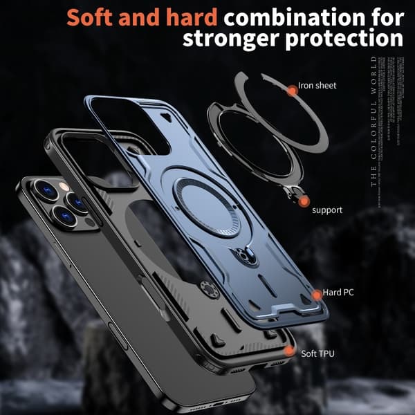 iPhone 16 Pro Max Skal med PC Hybrid TPU Armor och MagSafe Ringhållare Blå